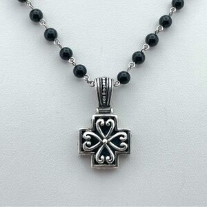 Victorian Gothic Revival 925 Silver Cross Necklace – Black Onyx Beaded Chain